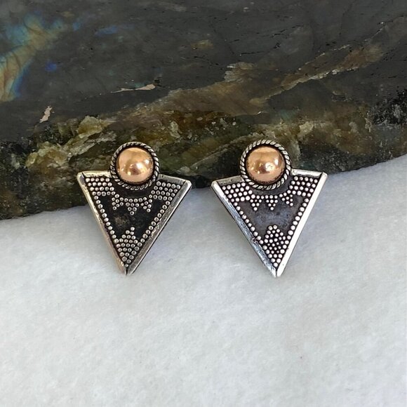 Sterling Silver 925 Gold Vermeil Bali Style Mixed Metal Triangle Stud Earrings - Picture 16 of 16